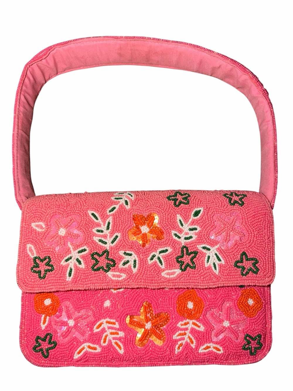 Pink Beaded Floral Shoulder Bag